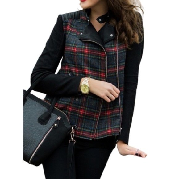 Zara Trafaluc wool blend plaid moto biker jacket XS - Picture 2 of 14